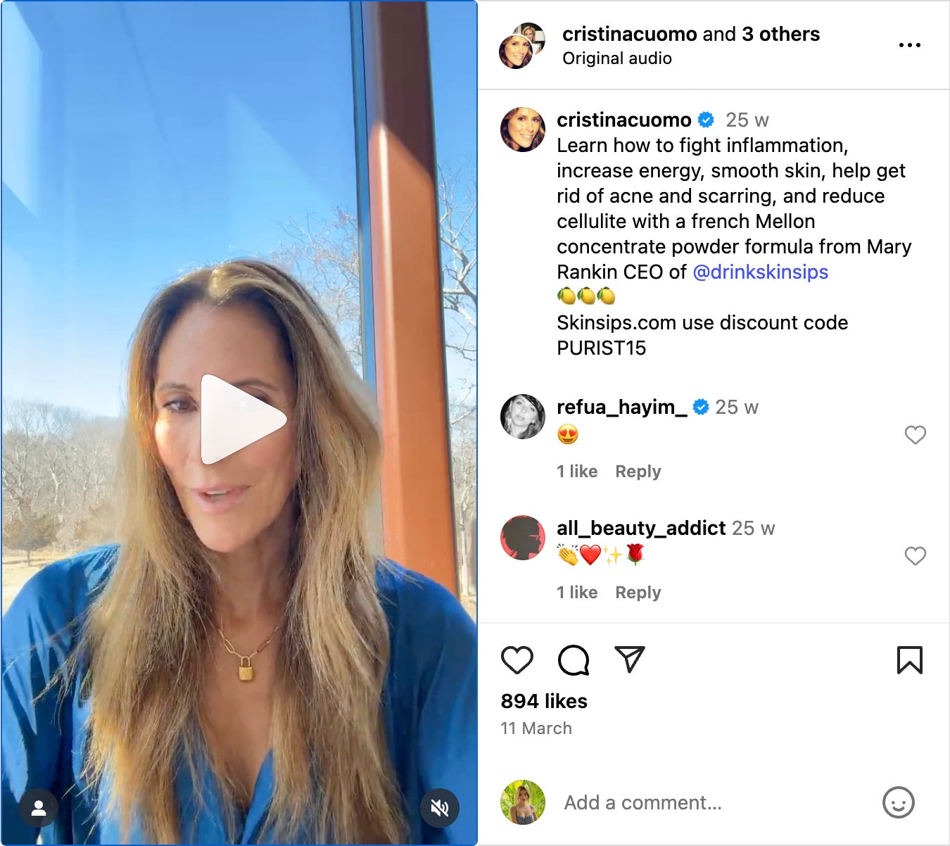 Instagram reel by Cristina Cuomo speaking near a sunlit window. Caption highlights SkinSips for fighting inflammation, boosting energy, improving skin, and reducing cellulite, with a discount code PURIST15.