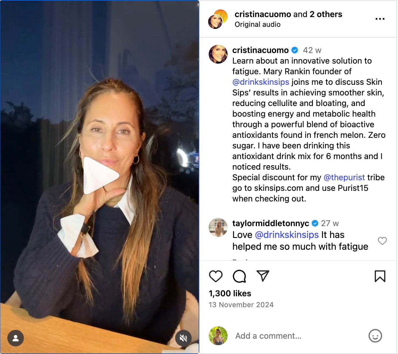 Instagram reel by Cristina Cuomo speaking indoors with evening light. Caption shares a discussion with Mary Rankin, founder of SkinSips, about the brand’s French melon antioxidants for smoother skin, reduced cellulite, and more energy.