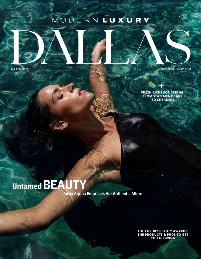 Modern Luxury Dallas March 2025 cover featuring woman floating in pool.