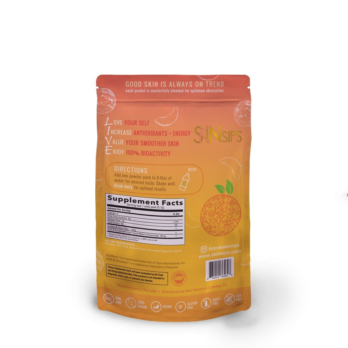 Back of SkinSips Mango supplement 30-pack showing supplement facts, directions, product benefits, and icons highlighting features such as zero sugar, vegan, gluten free, dairy free, and soy free.