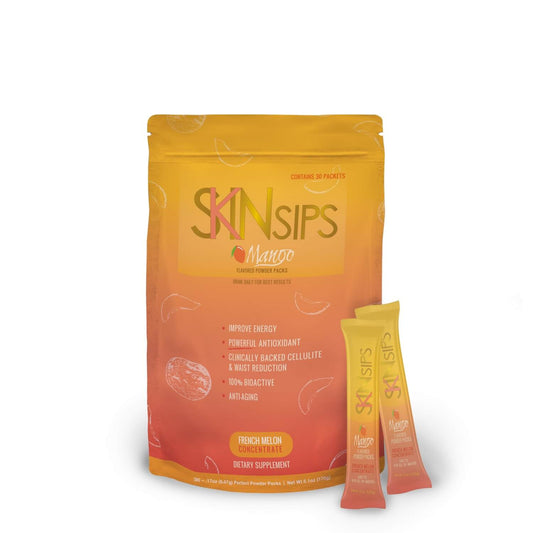 SkinSips Mango supplement 30-pack with two individual powder sticks displayed in front, featuring claims of improved energy, antioxidant support, cellulite and waist reduction, bioactivity, and anti-aging benefits.