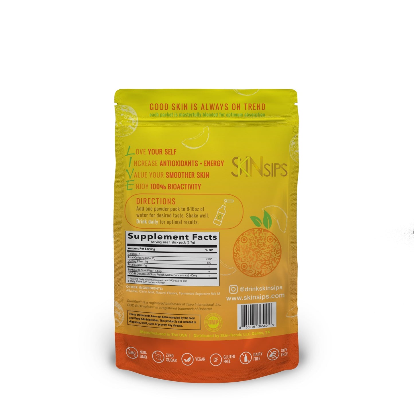 Back of SkinSips Mango supplement 30-pack showing directions, supplement facts panel, and product benefits such as zero sugar, vegan, gluten free, dairy free, and soy free.