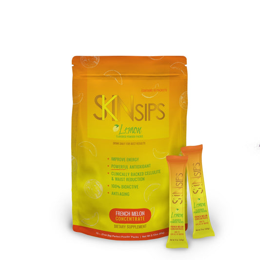 SkinSips Lemon supplement 10-pack with two individual sticks in front, highlighting benefits like improved energy, antioxidant support, cellulite and waist reduction, bioactivity, and anti-aging.