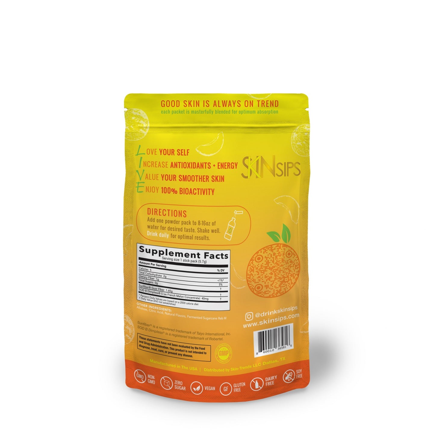 Back of SkinSips Mango supplement 30-pack showing supplement facts, directions, product benefits.