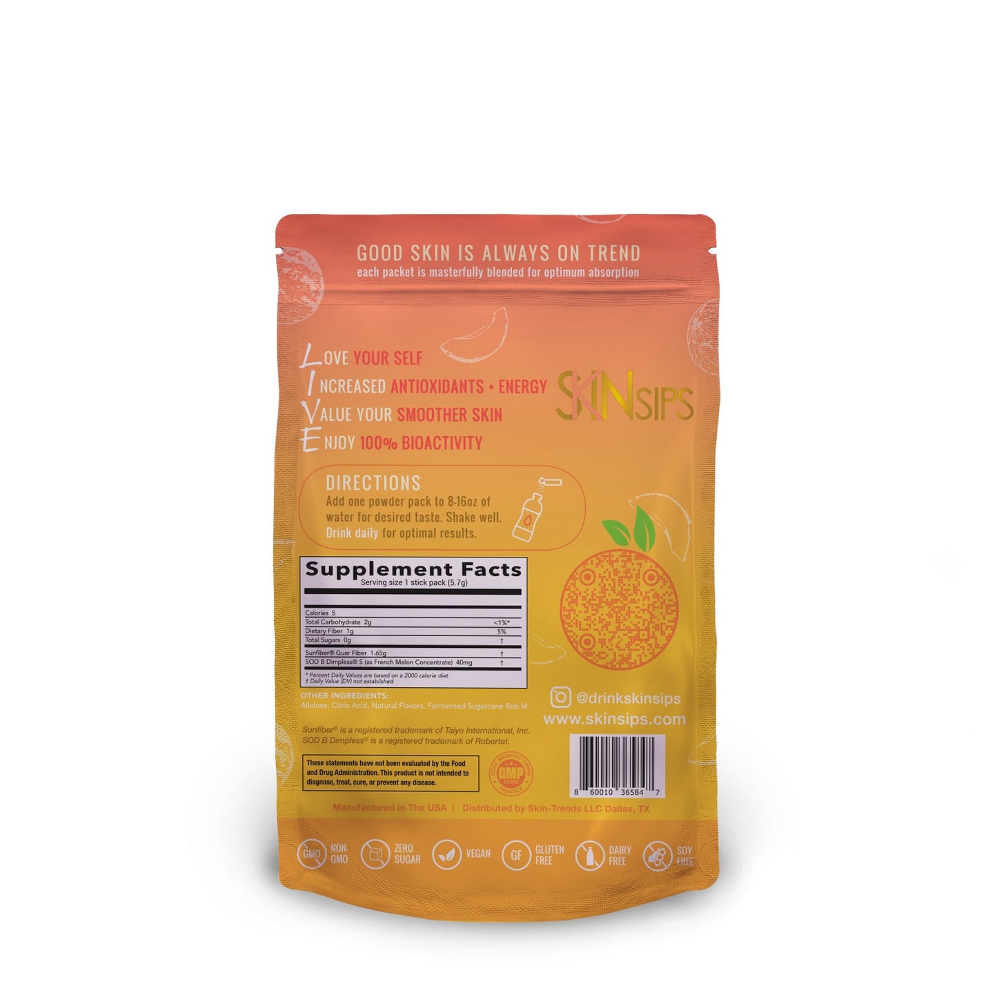 Back of SkinSips Mango supplement 30-pack showing directions, supplement facts panel, and product benefits.