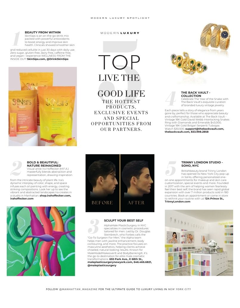 Modern Luxury magazine spotlight page featuring SkinSips antioxidant powder drinks.