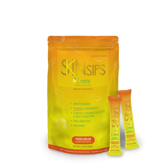 SkinSips Lemon supplement 30-pack with two individual powder sticks displayed in front.