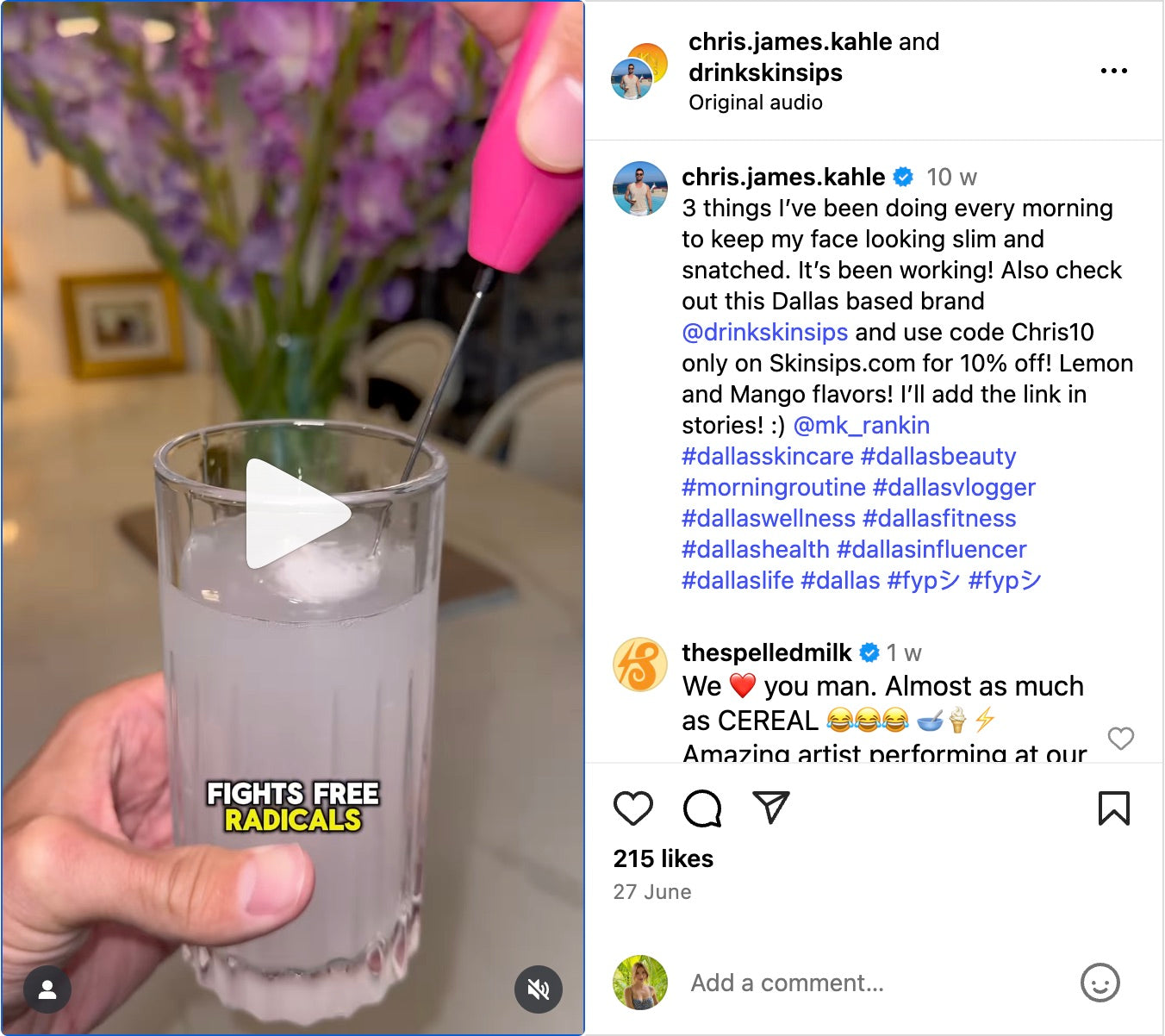 Instagram post by fitness influencer Chris James Kahle showing a glass of SkinSips drink being mixed with a frother. Caption describes his morning routine and promotes SkinSips with discount code Chris10, tagged with wellness and Dallas lifestyle hashtags.
