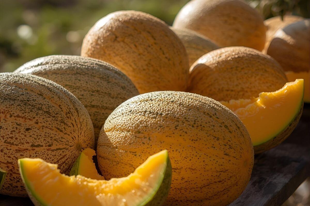 Fresh cantaloupe melons with sliced pieces displayed outdoors in natural light.