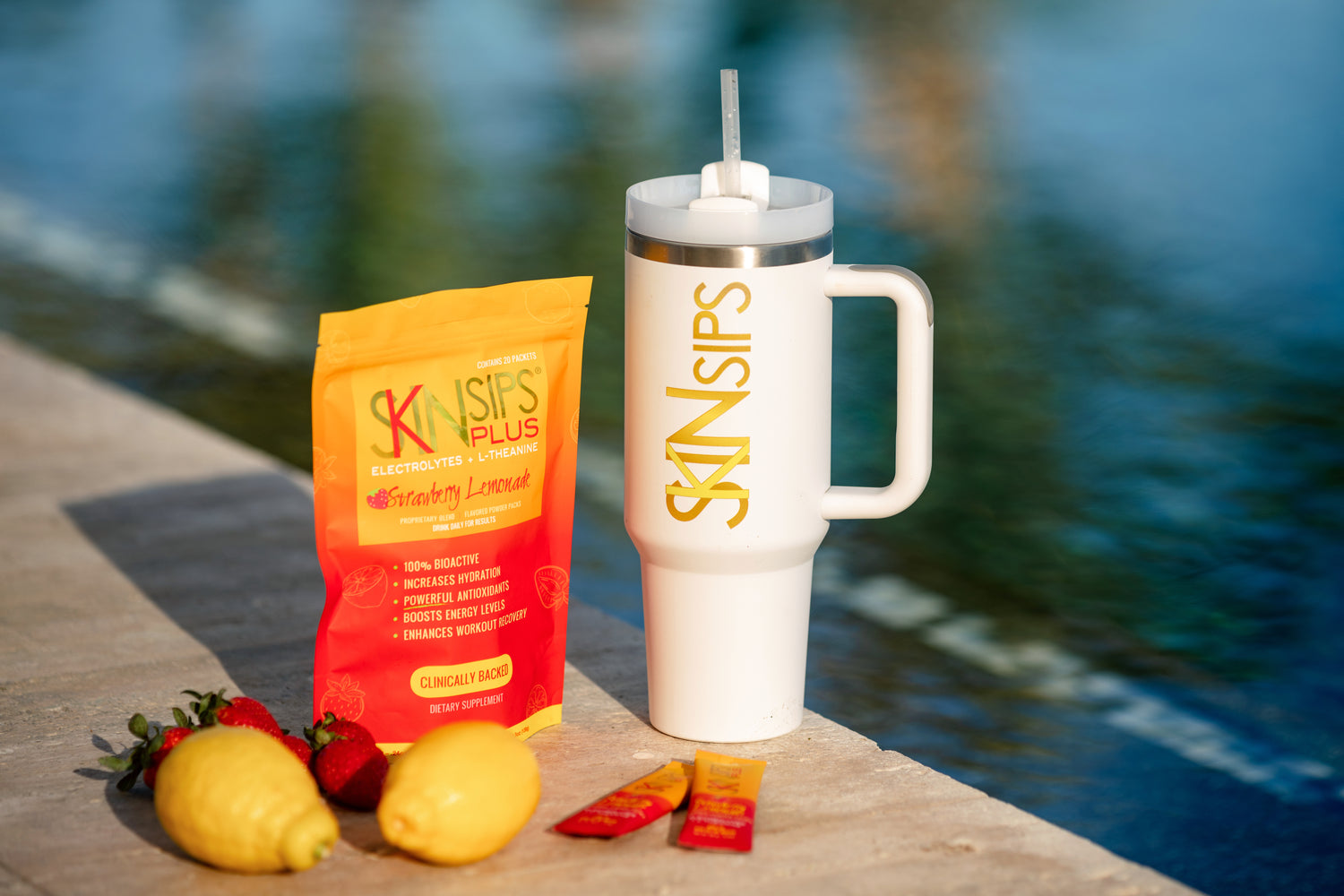 SkinSips Plus - Electrolytes and L-Theanine drink by the pool