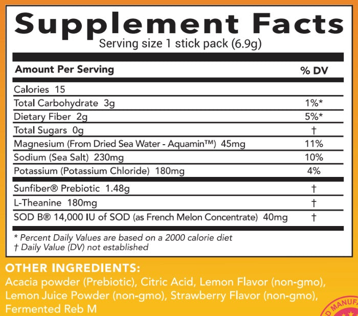 Supplement Facts label for SkinSips Plus showing serving size one 6.9g stick pack with calories, carbohydrates, fiber, magnesium from Aquamin, sodium, potassium, Sunfiber prebiotic, L-Theanine and 14,000 IU SOD B from French melon concentrate.