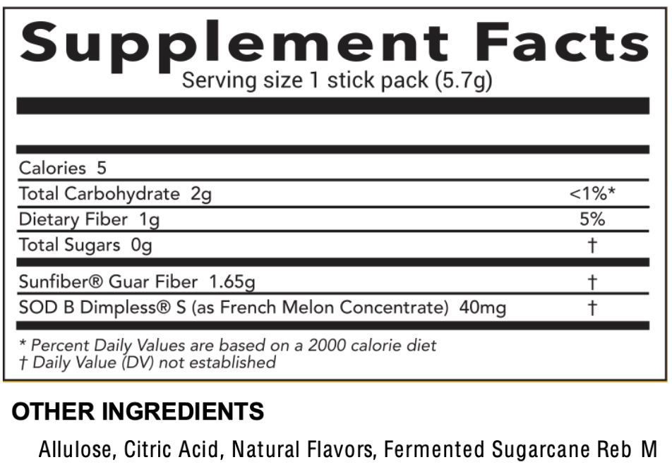 Supplement facts showing nutrition of SkinSips packet