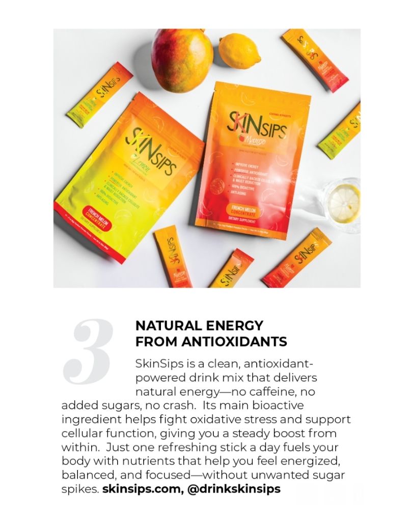 Magazine product feature showing SkinSips mango and lemon pouches with fruit.