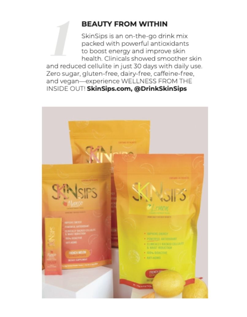 Magazine feature highlighting SkinSips lemon and mango supplement bags with description.