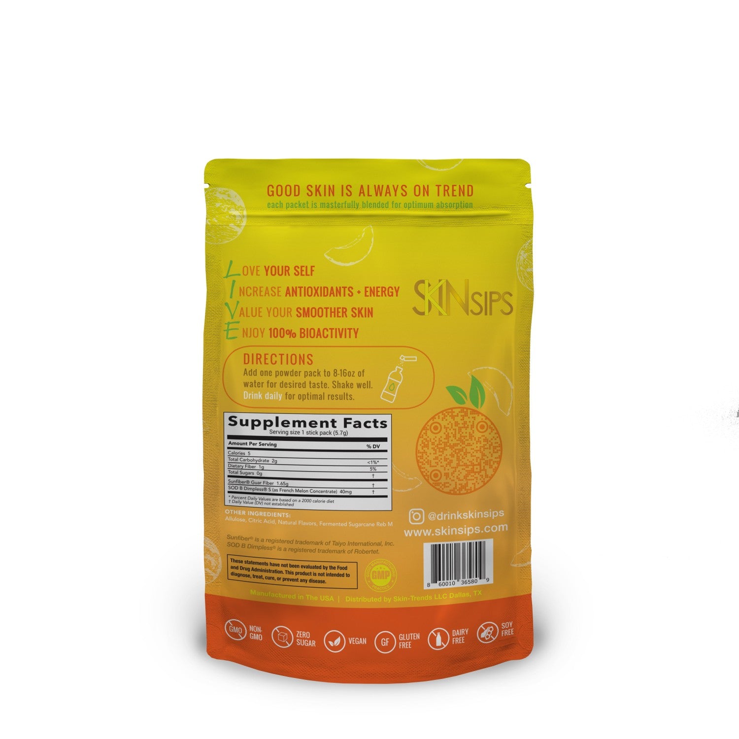 Back of SkinSips Mango supplement 30-pack showing directions, supplement facts panel, and product benefits such as zero sugar, vegan, gluten free, dairy free, and soy free.