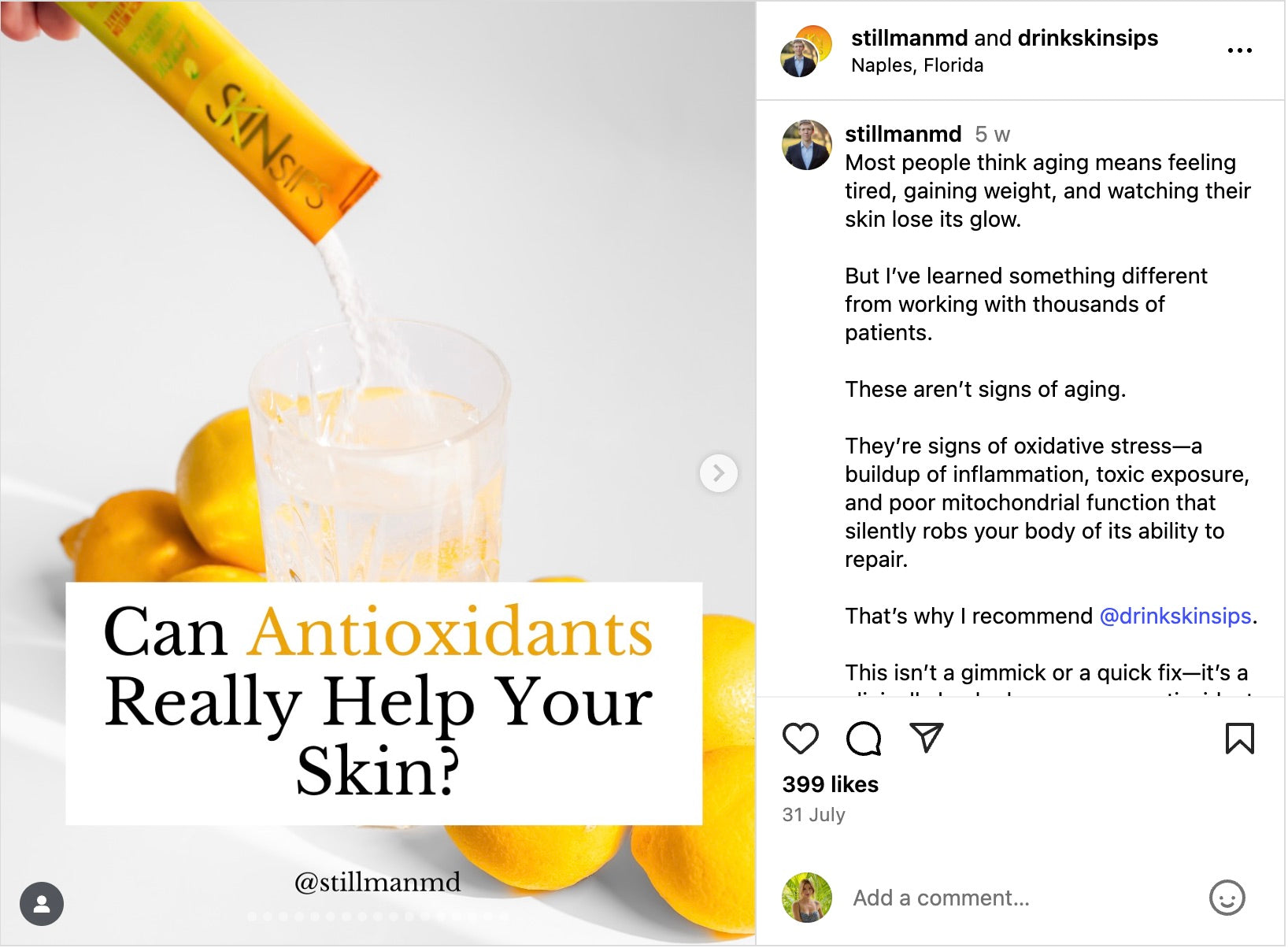 Instagram post by Dr. Leland Stillman featuring a SkinSips stick poured into a glass with lemons around it. Overlay text reads “Can Antioxidants Really Help Your Skin?” Caption explains oxidative stress as a sign of aging and recommends SkinSips for skin repair and energy.