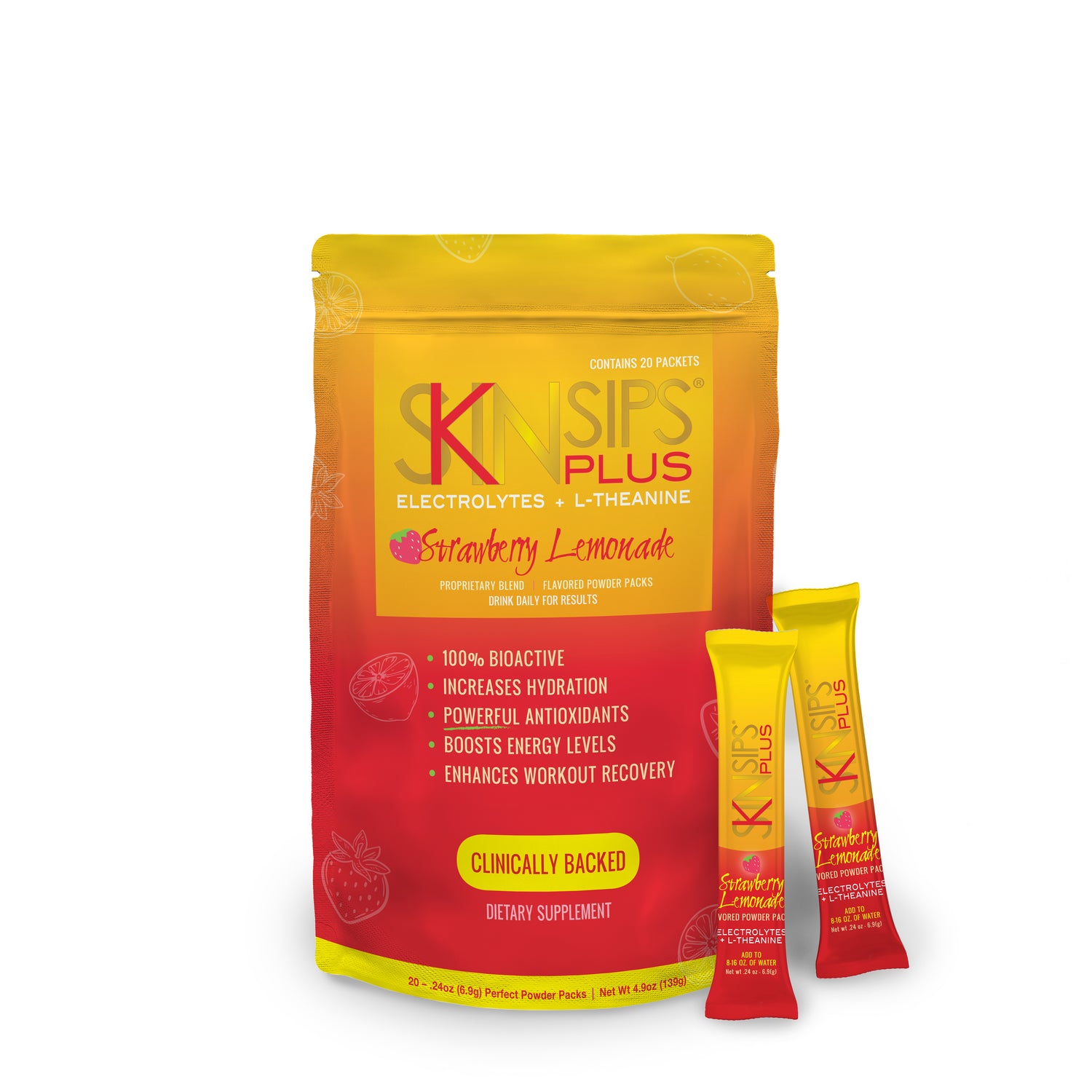 SkinSips Plus Strawberry Lemonade packaging showing a 20 count stand up pouch with two individual yellow and red stick packs beside it on a white background, highlighting electrolytes L-Theanine and a clinically backed dietary supplement.