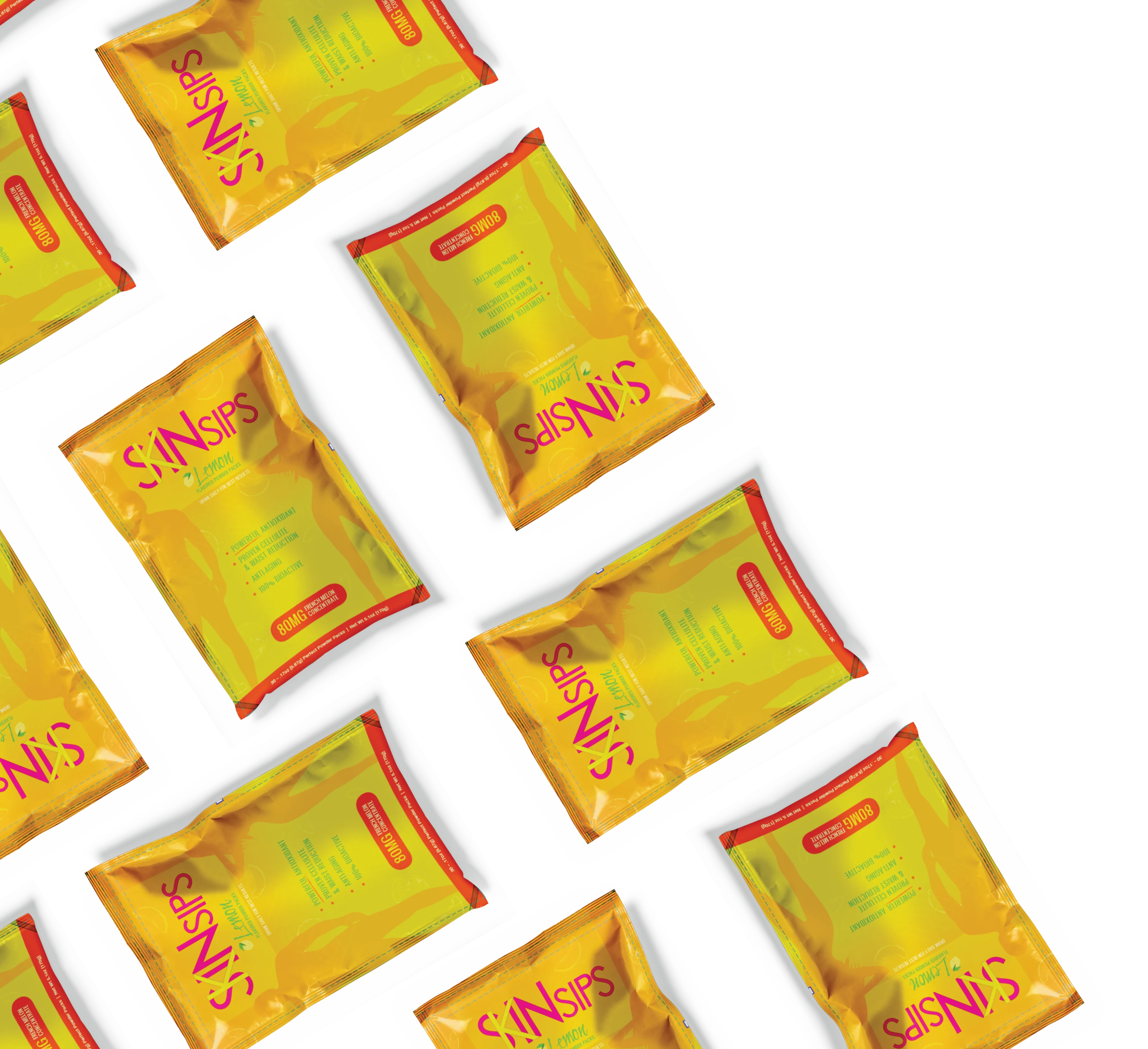SkinSips lemon powder drink packets arranged on black transparent in repeating pattern.